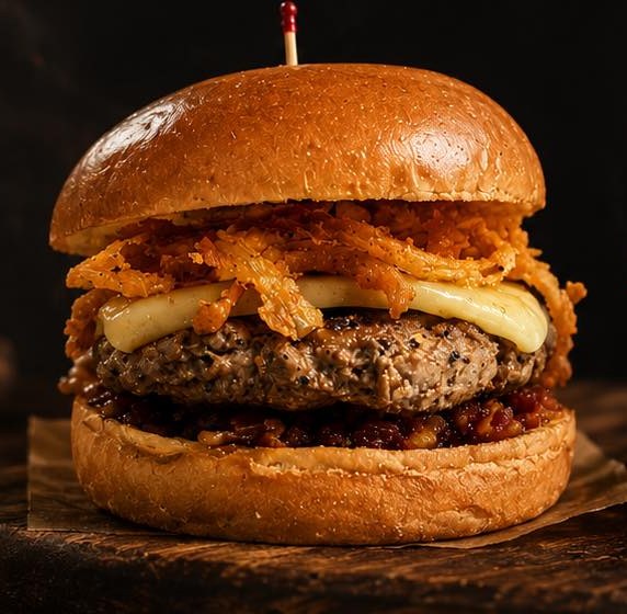 The Fuego Steakhouse Burger with blue cheese, fried onions and habanero bacon jam