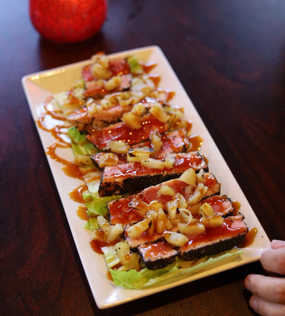 Ahi tuna with a poppy-seed crust, teriyaki and fresh pineapple
